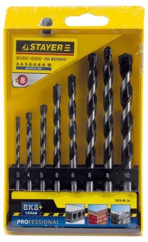 STAYER ProHammer, 8 шт: d 3-4-5-6-6-8-8-10 мм, набор сверл по бетону, Professional (2915-H8)