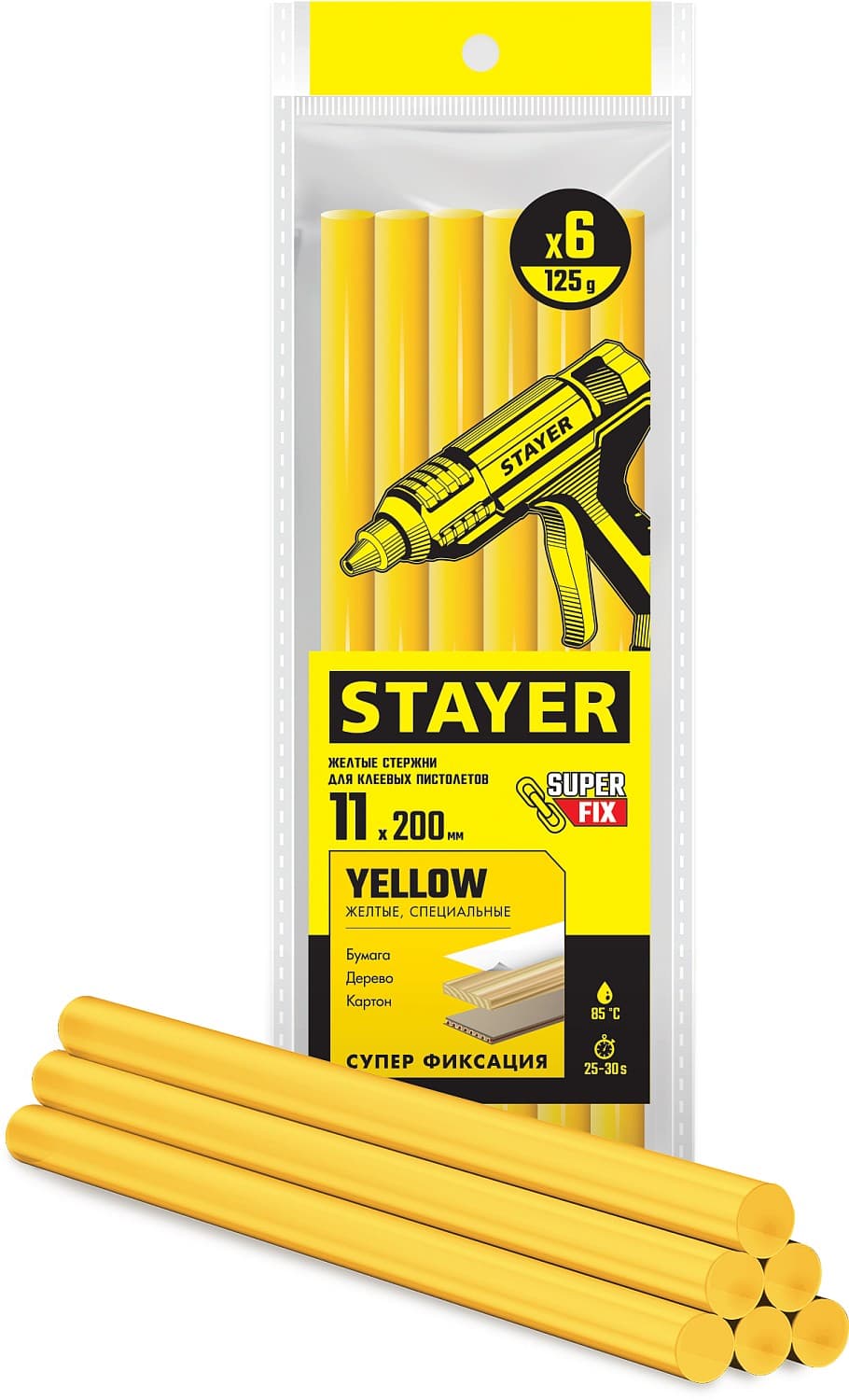 STAYER Yellow, жёлтые, 11 х 200 мм, 6 шт, клеевые стержни, Professional (2-06821-Y-S06)