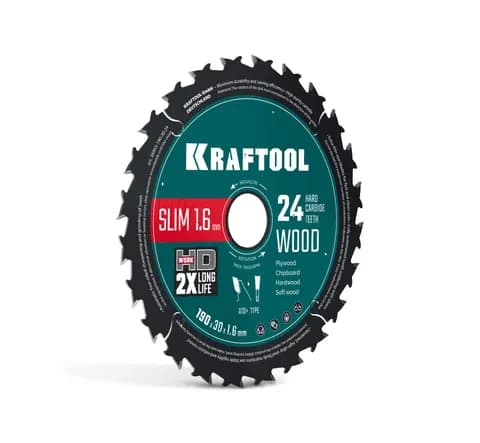 KRAFTOOL Slim wood cut 190 х 30 x 1.6 мм, 24Т, диск пильный по дереву, (36955-190-30-24)