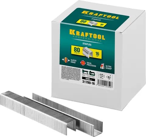 KRAFTOOL скобы тип 80 (BeA/Prebena A/Senco AT), 16 мм, калибр 21GA. 5000 шт (31780-16)