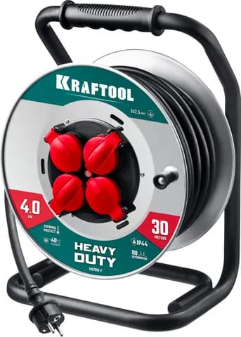 KRAFTOOL HEAVY DUTY 4.0, КГ 3х2.5 30м 4000Вт IP44, силовой удлинитель на стальной катушке (55086-30)