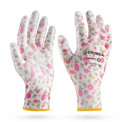 GRINDA COMFORT, M (8), садовые перчатки с прозрачным полиуретановым покрытием, розовые, 13 класс (11291-M)