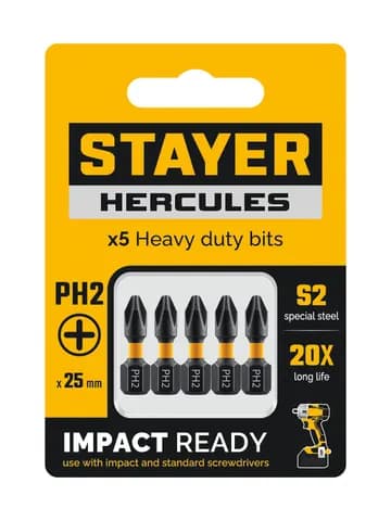 STAYER HERCULES, PH2, 25 мм, 5 шт, торсионные биты (26231-2-25-5)