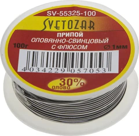 СВЕТОЗАР ПОС 30, 1 мм, 100 г, трубка с флюсом, катушка, припой (SV-55325-100)