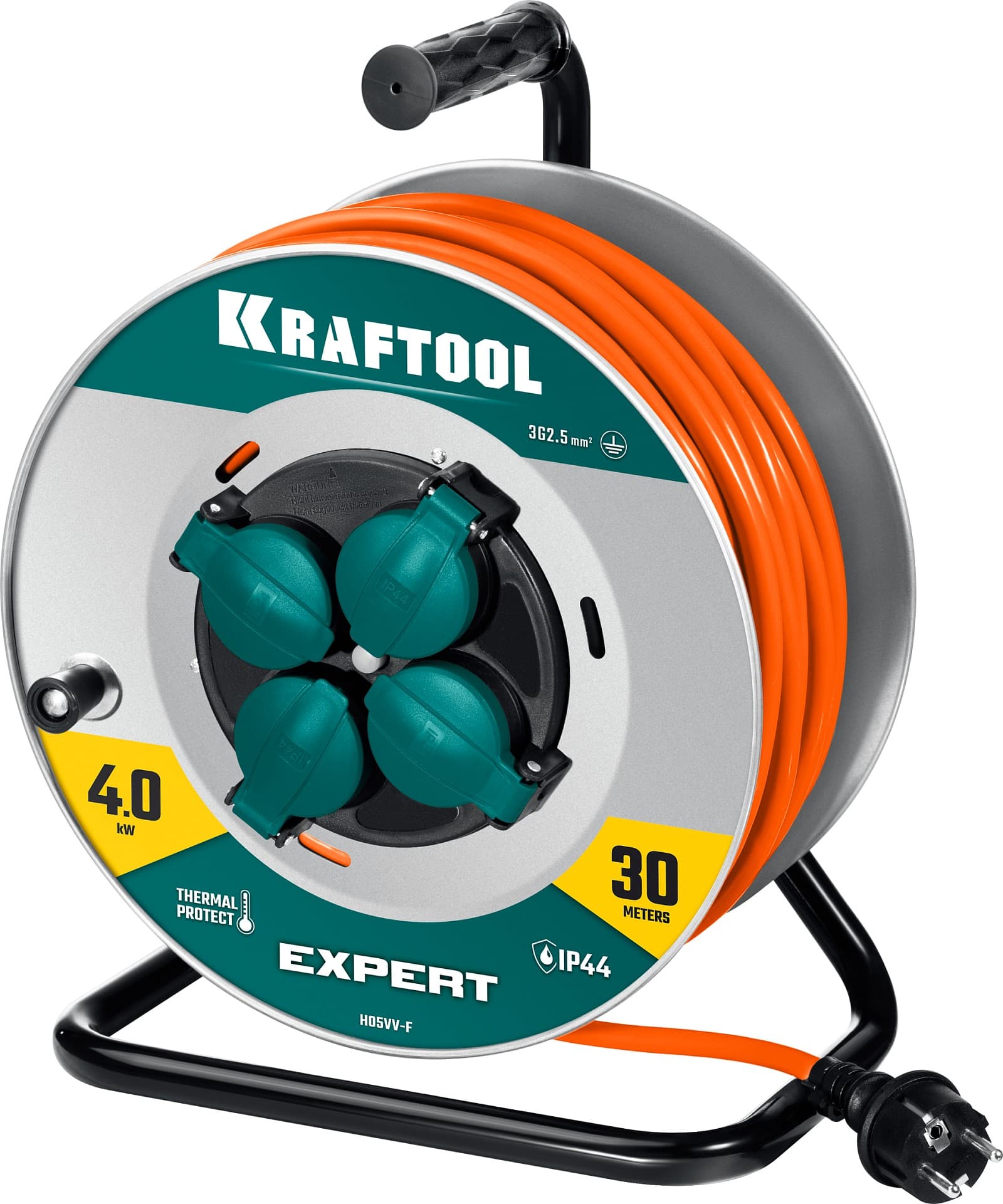 KRAFTOOL EXPERT 4.0, ПВС 3х2.5 30м 4000Вт IP44, силовой удлинитель на стальной катушке (55089-30)