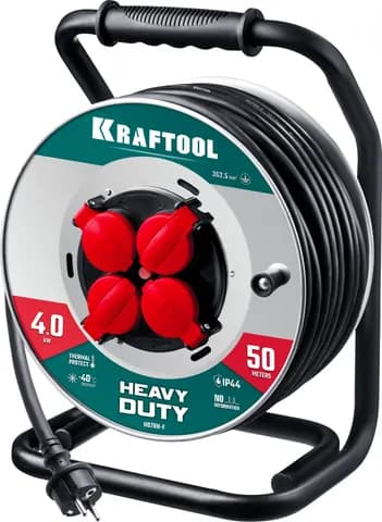 KRAFTOOL HEAVY DUTY 4.0, КГ 3х2.5 50м 4000Вт IP44, силовой удлинитель на стальной катушке (55086-50)