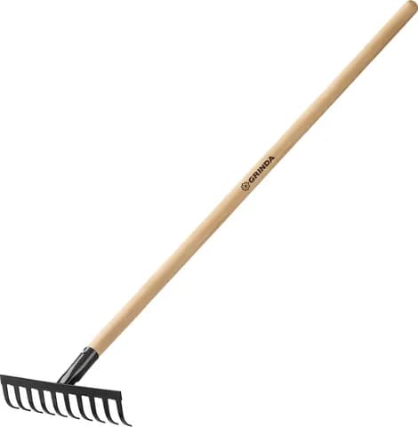 GRINDA GT-10 WOOD, 260 х 80 х 1300 мм, 10 прямых зубцов, углерод. сталь, антикор. покрытие, черенок дерев. высш. сорт, садовые грабли (39583-10)