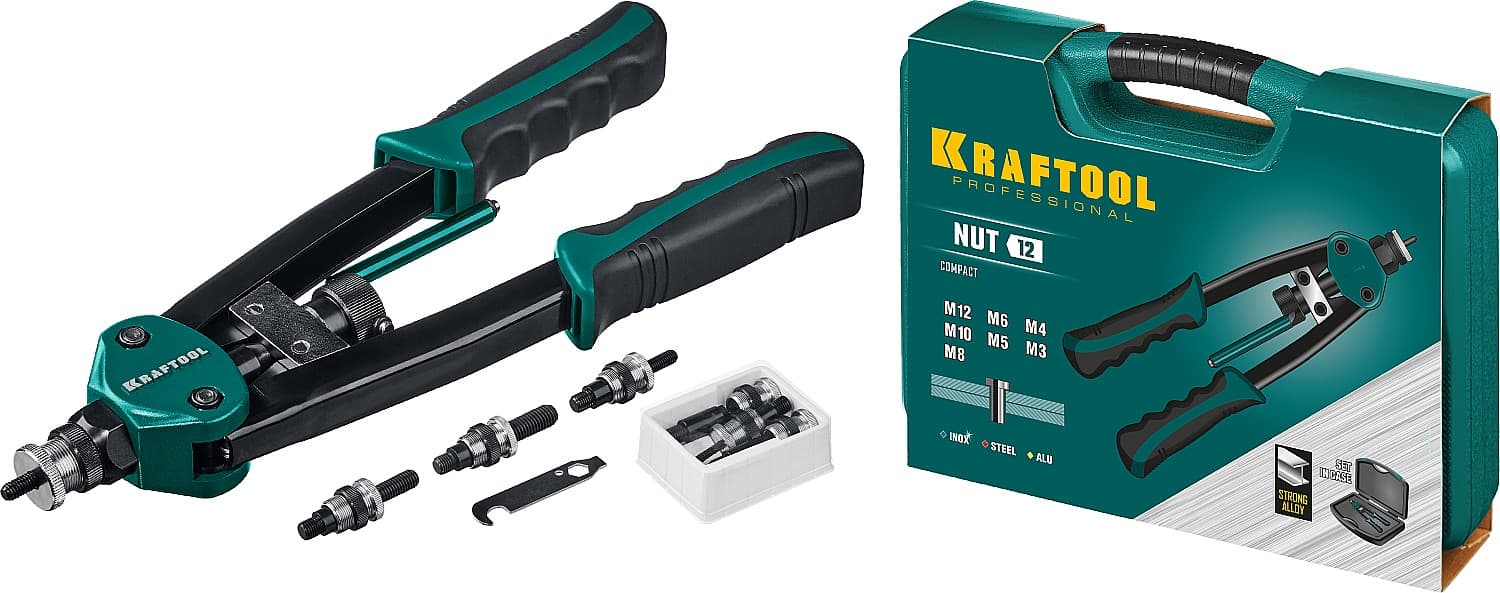 KRAFTOOL NUT-12, М3 - М12, 380 мм, резьбовой двуручный заклепочник в кейсе (31183)