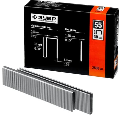 ЗУБР скобы тип 55 (90/C), 30 мм, калибр 18GA. 2500 шт. Профессионал (31855-30)