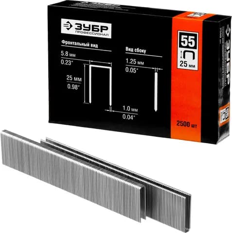 ЗУБР скобы тип 55 (90/C), 25 мм, калибр 18GA. 2500 шт. Профессионал (31855-25)