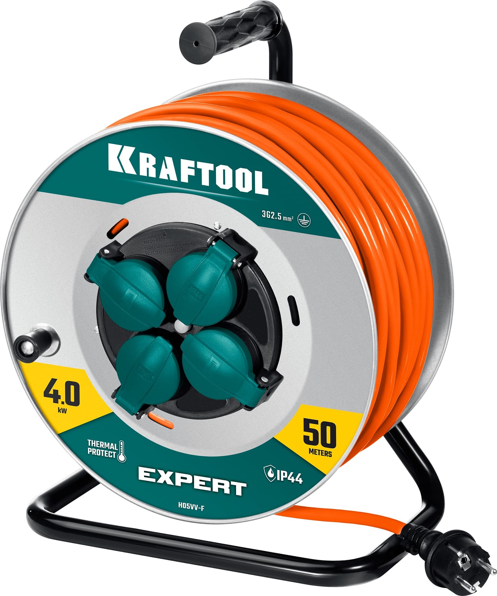 KRAFTOOL EXPERT 4.0, ПВС 3х2.5 50м 4000Вт IP44, силовой удлинитель на стальной катушке (55089-50)