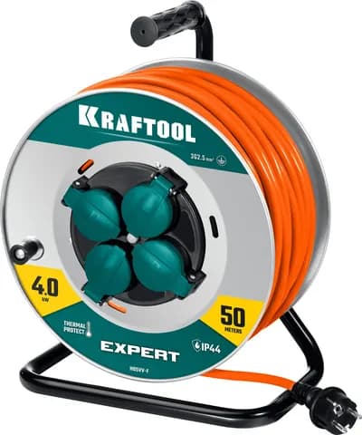 KRAFTOOL EXPERT 4.0, ПВС 3х2.5 50м 4000Вт IP44, силовой удлинитель на стальной катушке (55089-50)