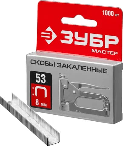 ЗУБР скобы тип 53 (A/10/JT21), 8 мм, калибр 23GA. 1000 шт (31625-08)