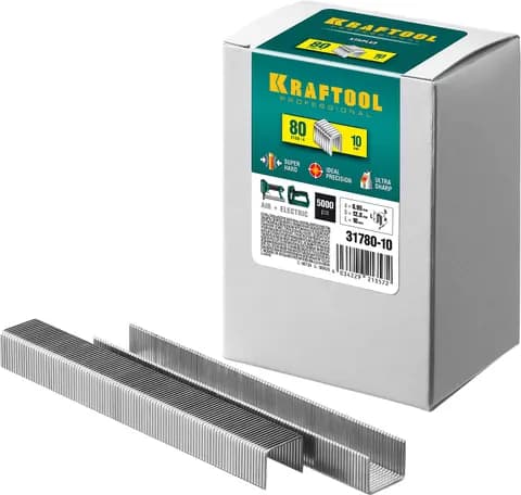 KRAFTOOL скобы тип 80 (BeA/Prebena A/Senco AT), 10 мм, калибр 21GA. 5000 шт (31780-10)