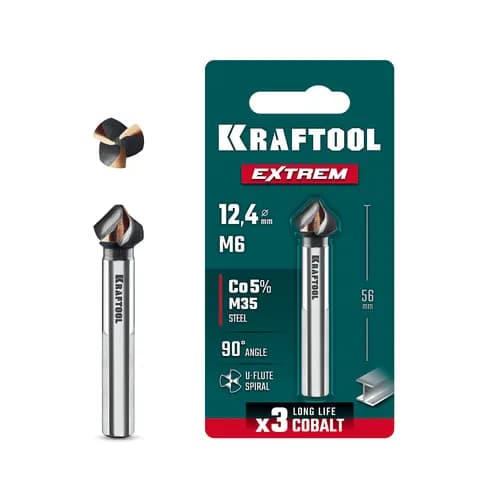 KRAFTOOL EXTREME Со5-А, d 12.4х8х56 мм, Z3, 90°, сталь M35, U-образная спираль, зенковка (29734-6)