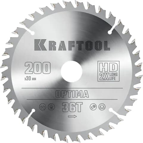 KRAFTOOL Optima, 200 х 30 мм, 36Т, пильный диск по дереву (36951-200-30)