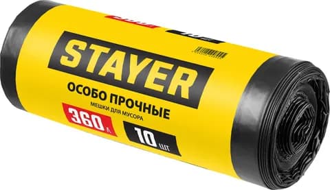 STAYER HEAVY DUTY, 360 л, 10 шт, черные, особопрочные, строительные мусорные мешки (39157-360)